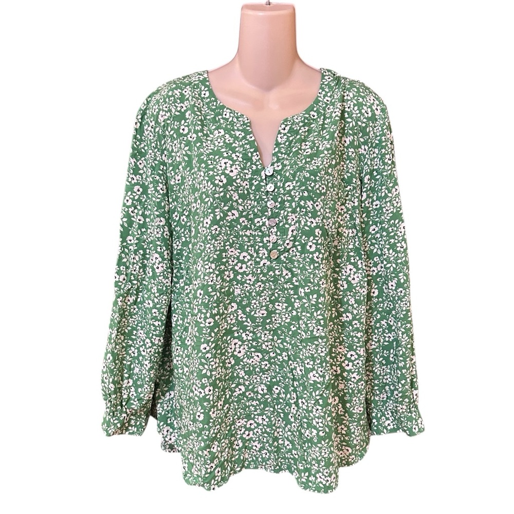 J Jill Rayon Green Ditsy Floral Print‎ Henley Neck Long Sleeve Tunic Size XLP - Picture 2 of 11